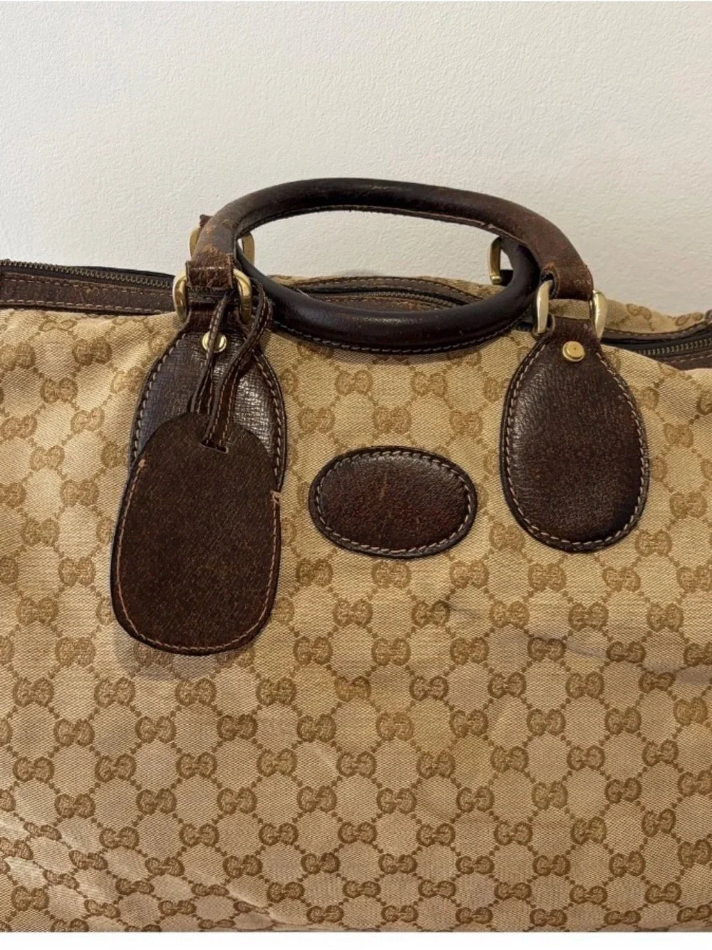 Gucci Beige Monogram Canvas Duffel with Brown Leather Trim